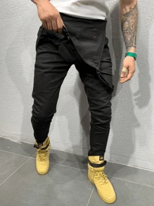 Men's Denim Bib Overalls, Slim Fit Jumpsuit, Fashionable Dungarees - Black - View 4