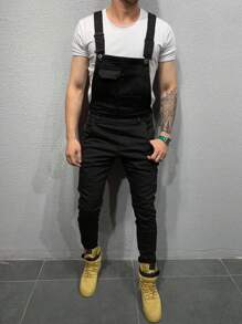 Men's Denim Bib Overalls, Slim Fit Jumpsuit, Fashionable Dungarees - Black - View 3