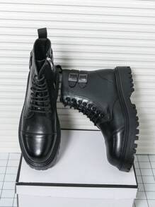 Men's Zippered High-Top Lace-Up Motorcycle Boots, Faux Leather, Chelsea Style - Black - View 6