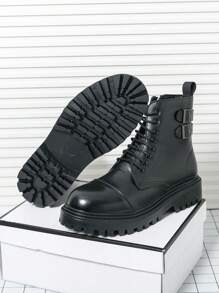 Men's Zippered High-Top Lace-Up Motorcycle Boots, Faux Leather, Chelsea Style - Black - View 4