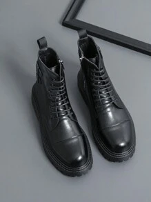 Men's Zippered High-Top Lace-Up Motorcycle Boots, Faux Leather, Chelsea Style - Black - View 1