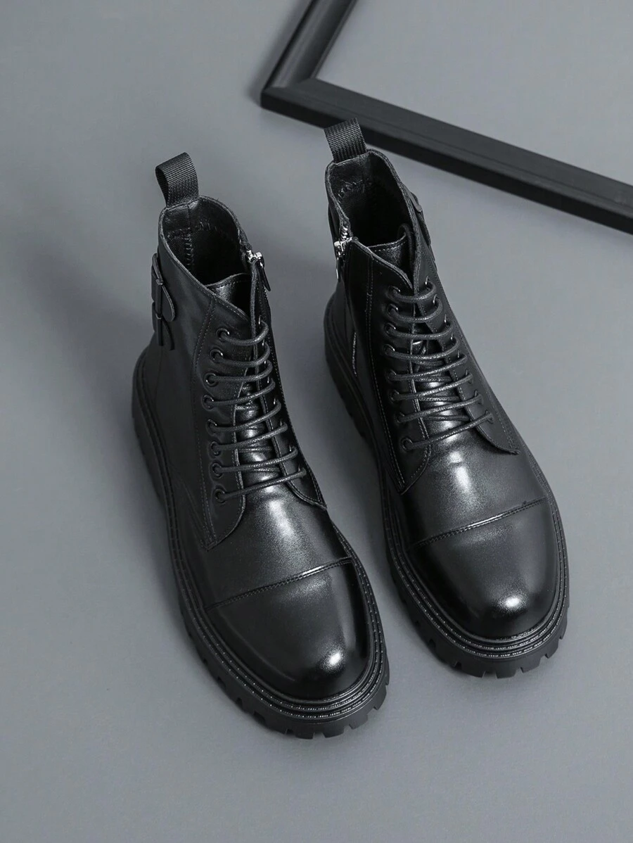 Men's Zippered High-Top Lace-Up Motorcycle Boots, Faux Leather, Chelsea Style - Black - View 1