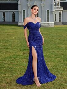 ADYCE Women's Solid Color Sequin Shiny Off-Shoulder Slit Backless Party Evening Dress - Royal Blue - View 8