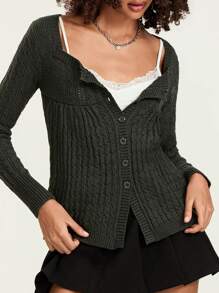 Y2K Fairy Grunge Knit Long Sleeve Tunic Tops Low Cut Peplum Babydoll Blouse Button Down Harajuku 90s Sweater - màu đen - Xem 3