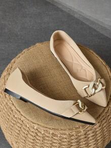 WHDXY Women's New Metal Buckle Flat Pointed Toe Slip-On Flats, Versatile Fashion Soft Bottom Casual Shoes, Soft Leather Comfortable Soft Sole Sweet Girl Style Loafers, Match Well With Dresses - Khaki - View 3