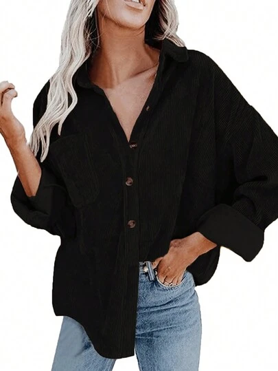 Scacto Solid Color Lapel Regular Straight Sleeve Corduroy Shirt, Daily Commute Home Party Fashion Wear