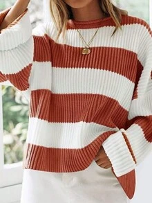 Women's Casual Loose Fit Drop Shoulder Striped Pattern Sweater - Orange - View 2