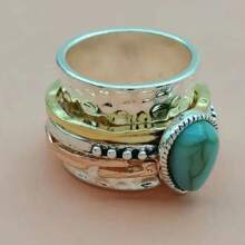1pc Vintage Turquoise Teardrop Decor Ring, Boho Style Unisex Ring