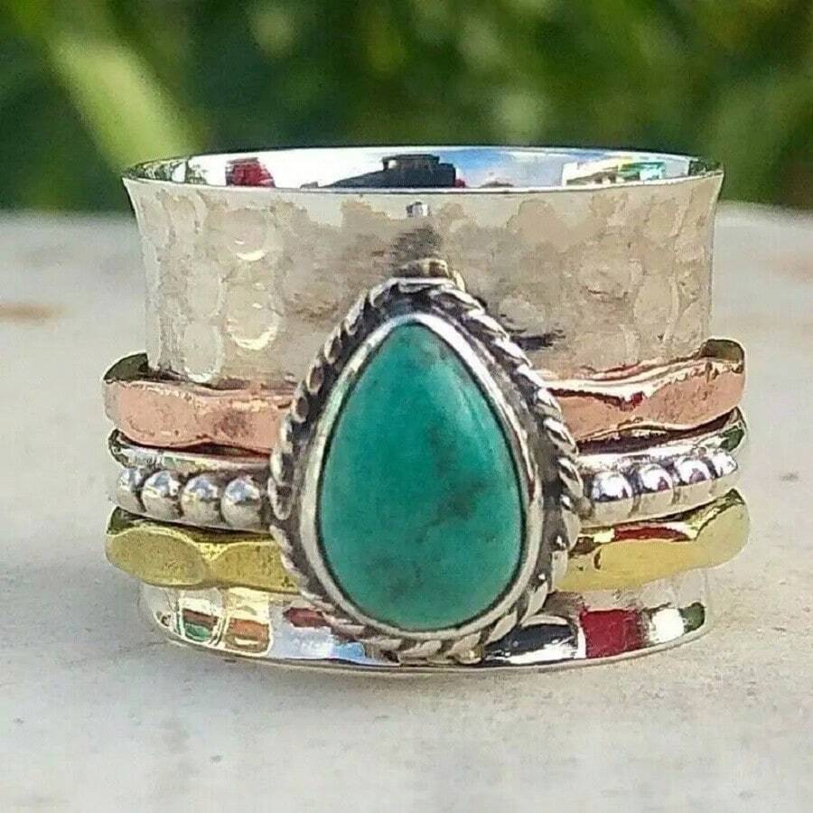 1pc Vintage Turquoise Teardrop Decor Ring, Boho Style Unisex Ring