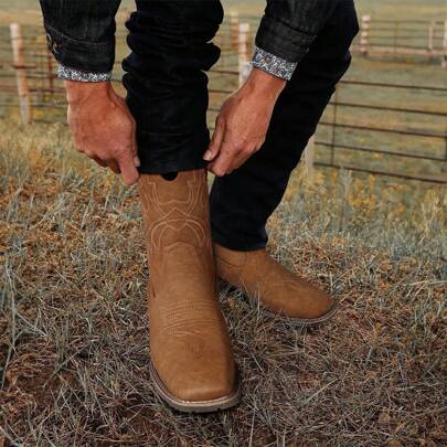 Men's Western Cowboy Boots, Adorned With Exquisite Embroidery And Anti Slip Design, Are Square Toe Thick Heeled Short Boots That Are Both Durable And