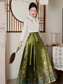 中国风秋季中国新年提花花卉刺绣珍珠纽扣白色汉服上衣 - 白色 - 查看 7