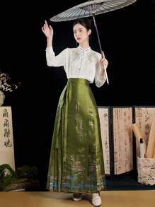 中国风秋季中国新年提花花卉刺绣珍珠纽扣白色汉服上衣 - 白色 - 查看 10