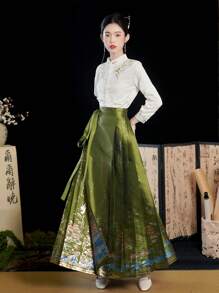 中国风秋季中国新年提花花卉刺绣珍珠纽扣白色汉服上衣 - 白色 - 查看 6