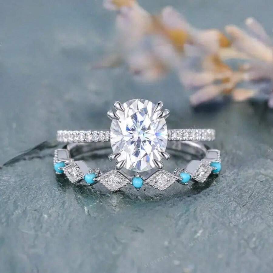 2pcs/Set Luxurious Silver-Plated Stacking Rings With Radiant Turquoise ...