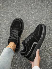 Women's Minimalist Black Low-Top Casual Flat Sneakers, Lightweight & Versatile For Outdoor, Daily, Business, Commute And Sports
