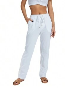 Women's Loose Trousers Casual Solid Color Wide-Leg Trousers Drawstring Design Fashion Bottoms Long Pants - 白色 - 查看 2