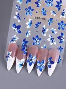 2 件装蓝色兰花美甲贴纸 5D 浮雕指甲贴花蓝色野花浮雕春季花卉指甲贴花美甲装饰指甲用品 - 彩色 - 查看 5