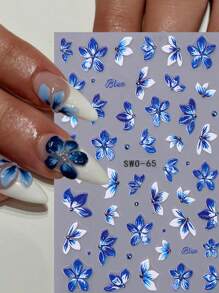 2 件装蓝色兰花美甲贴纸 5D 浮雕指甲贴花蓝色野花浮雕春季花卉指甲贴花美甲装饰指甲用品 - 彩色 - 查看 2