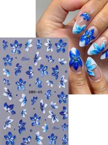 2 件装蓝色兰花美甲贴纸 5D 浮雕指甲贴花蓝色野花浮雕春季花卉指甲贴花美甲装饰指甲用品 - 彩色 - 查看 3