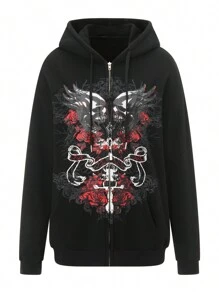 Women Y2K Zip Up Hoodies Grunge Graphic Oversized Jacket Goth Aesthetic Vintage Hooded Sweatshirt Teen Girls Harajuku Emo Clothes Streetwear