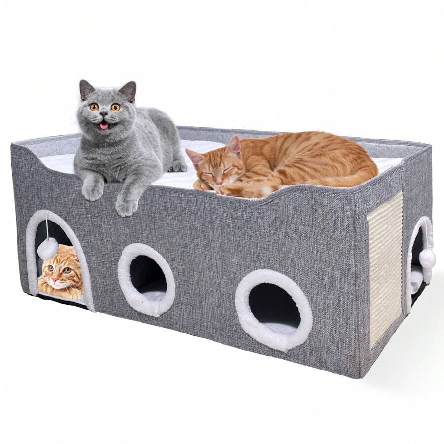 Cat Houses For Indoor Cats-Large Collapsible Large Cat Bed With Fluff Ball And 2 Caves,Cat Hideout With Canopy,Semi-Enclosed Cat Bed Cat House Covered Cat Bed For Multi Small Pet Large Kitty