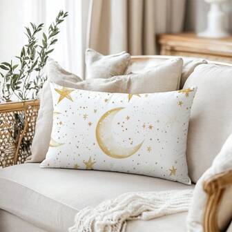 1 件简约白色和金色月亮和星星图案靠垫套，采用柔软的桃色天鹅绒面料制成，单面印花，30*50 厘米，室内派对装饰礼品枕套