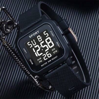 1 件男士硅胶表带矩形表盘多功能夜光户外运动电子表，适合运动佩戴。男士手表，男士石英表。