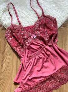 Short Doll Women's Pajama Set/ Two-Tone Lace - Redwood - View 2