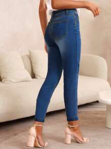 Skinny Jeans In Medium Blue Denim With A High Waist And Faded Effect, Ideal For A Modern Casual Look - 深色水洗藍 - 查看 2