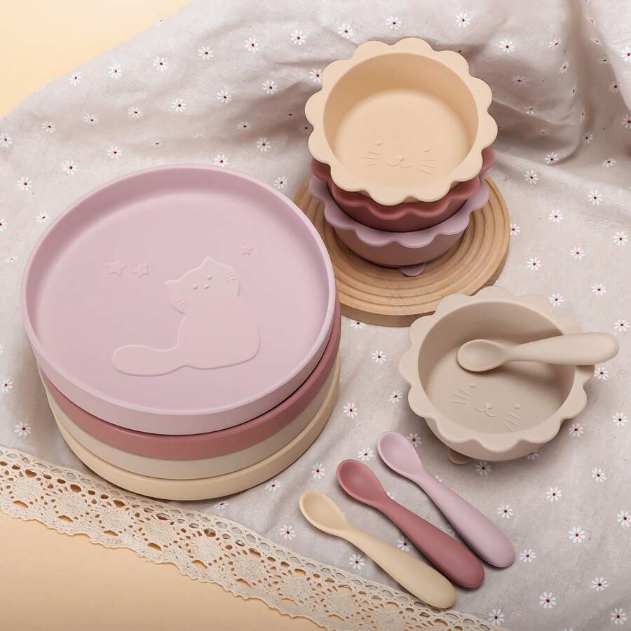 Zestaw 3 szt., miska dla kota, talerzyk i łyżeczka dla kota, silikonowa miska, silikonowy talerzyk i silikonowa łyżeczka, dla dzieci, odporny na ciepło, łatwy w czyszczeniu, nadaje się do mikrofalówki i zmywarki