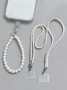 1 chiếc Dây đeo điện thoại kiểu ngọc trai tự làm thanh lịch, Dây đeo cổ tay bằng hạt thủ công, Dây đeo điện thoại chống mất chống rơi đa năng - trắng - Xem 1