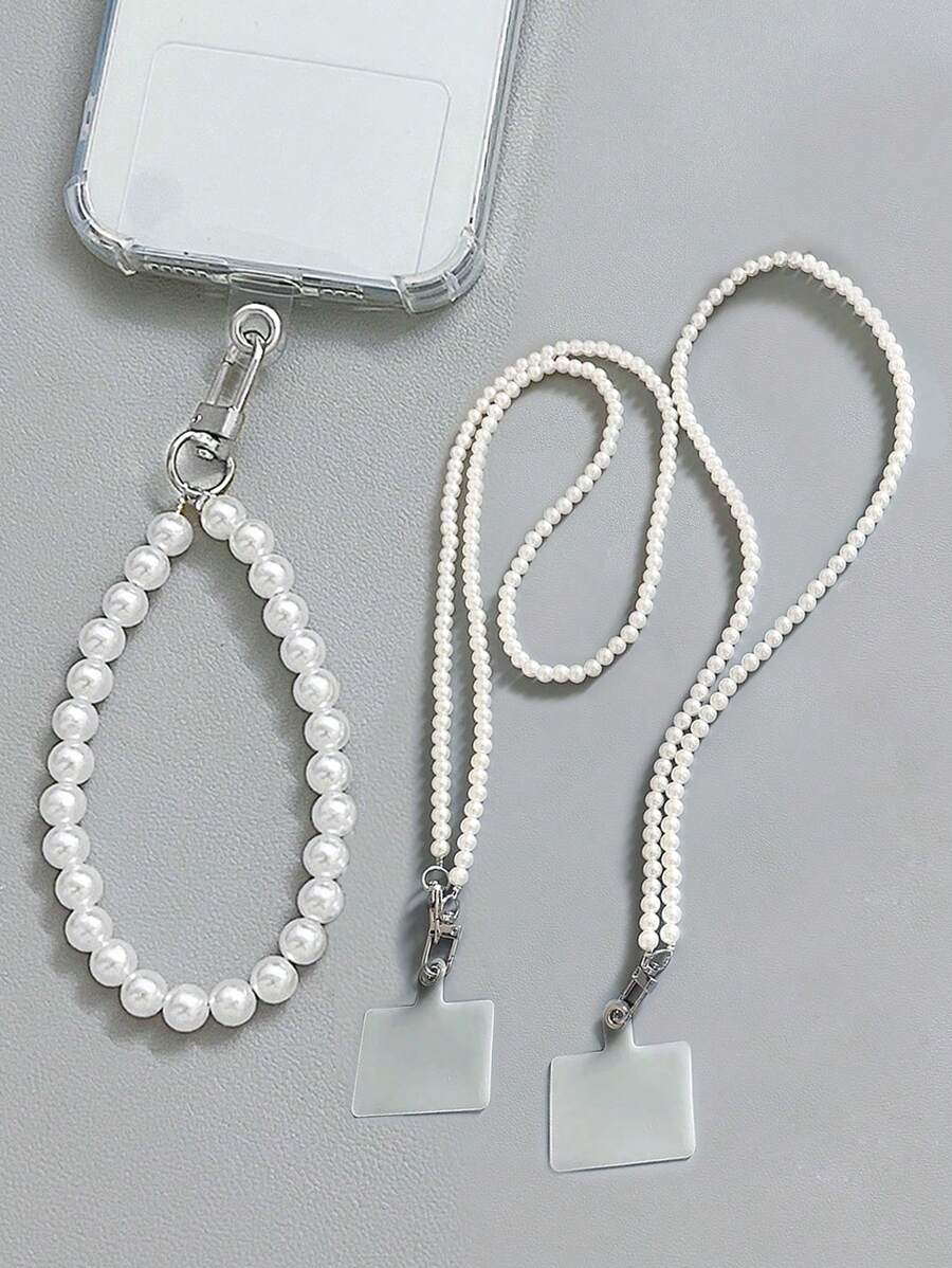 1 chiếc Dây đeo điện thoại kiểu ngọc trai tự làm thanh lịch, Dây đeo cổ tay bằng hạt thủ công, Dây đeo điện thoại chống mất chống rơi đa năng - trắng - Xem 1