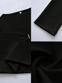 Vaiaye 女士春夏针织方领长袖T恤镂空性感收腰黑色上衣，女士健身服，2026嘉年华女士造型，适合日常穿着、通勤 - 黑色 - 查看 11