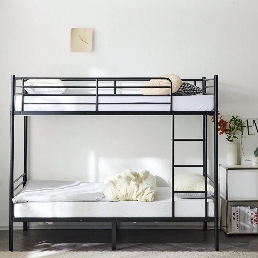 Iron Bed Bunk Bed With Ladder For Kids Twin Size Black
