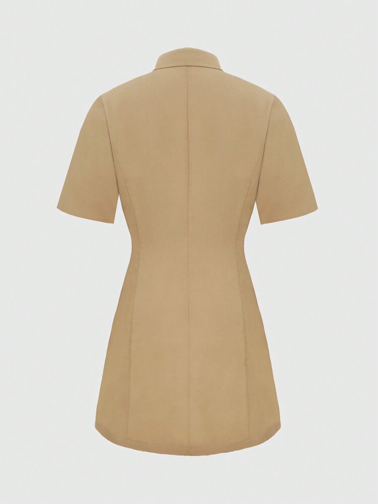 Spring And Summer New Style Fashionable Simple Elegant Lapel Single-Breasted Slimming Short Dress For Women - Khaki - View 2