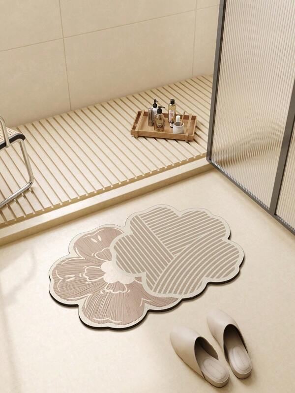 1片花卉图案浴室地垫，卫生间入口地毯，硅藻土吸水垫，防滑洗手间地垫，3毫米超薄，4层快速吸水，TPR防滑底，适用于浴室、入口、厨房和家居装饰
