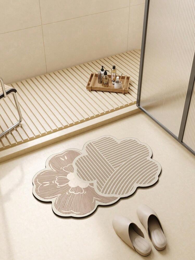 1片花卉图案浴室地垫，卫生间入口地毯，硅藻土吸水垫，防滑洗手间地垫，3毫米超薄，4层快速吸水，TPR防滑底，适用于浴室、入口、厨房和家居装饰 - 彩色 - 查看 1