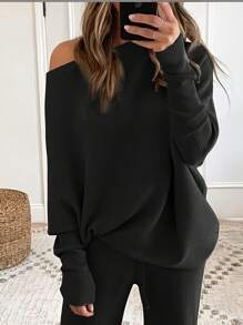 OFFBRACE Two Piece Sets For Women Casual Solid Color Ribbed Pantsuits, Long Sleeve Loose Top & Drawstring Wide Leg Pants Outfits, Women's Clothing Womenswear Overalls - 黑色 - 查看 4