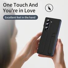 Compatible con Samsung Galaxy Z Fold3/Fold4/Fold5/Fold6/Fold7, Funda protectora con correa de muñeca vertical con protector de pantalla de vidrio templado incorporado, funda protectora de teléfono con soporte invisible, correa de muñeca retráctil, anillo de protección del lente de metal, cubierta protectora de lujo personalizada de alta gama anti-caída de moda - negro + película - Ver 6