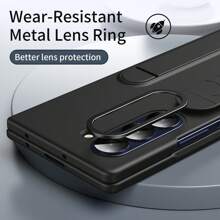 Compatible con Samsung Galaxy Z Fold3/Fold4/Fold5/Fold6/Fold7, Funda protectora con correa de muñeca vertical con protector de pantalla de vidrio templado incorporado, funda protectora de teléfono con soporte invisible, correa de muñeca retráctil, anillo de protección del lente de metal, cubierta protectora de lujo personalizada de alta gama anti-caída de moda - negro + película - Ver 7