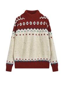 女士高领红色毛衣，厚实舒适的针织套头衫，冬季时尚