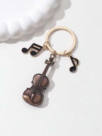 1pc Vintage Violin Shaped Metal Keychain, Instrument Decorative Keyring For Friends Gift Car Accessories Bag Charm School