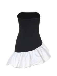 Robe mini asymétrique à volants et sans bretelles pour femmes, automne WOWDARK - Noir - Voir 2