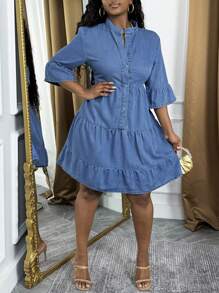 Chic & Stylish Ruffled Denim Dress For Women – Casual Elegance Meets Flattering Fit, Perfect For Spring & Summer, Showcasing Feminine Charm - Light Wash - View 4
