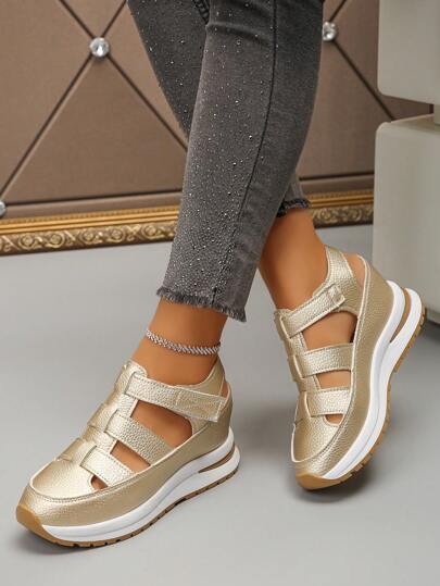 Women's Platform Thick Bottom Sport Sandals, Waterproof Toe Covering Roman Sandals, New Closed Toe Fashion Sponge Cake Shoes, Color Block Non-Slip Hook And Loop Casual Wedge Sandals, Comfortable And Versatile Round Toe Casual Walking Shoes, Essential For Women's Holiday Party Breathable Wedge Sandals, Solid Color Thick Bottom Sandals For Girls