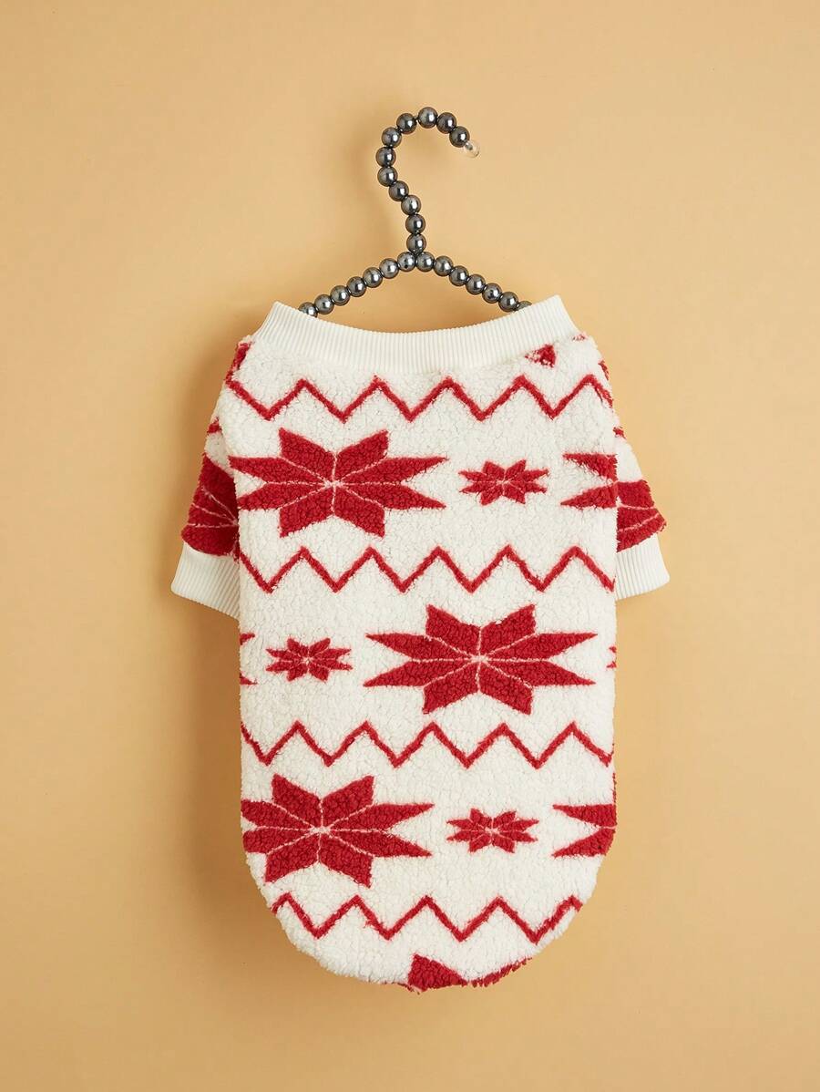 1pc Christmas Themed Pet Dog Cat Clothes, Plush Sweatshirt - Red and White - View 1