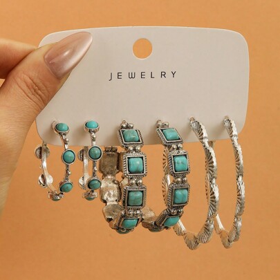 1-3 Pairs Semi-Circular C-Shaped Turquoise Inlaid Floral Pattern Exaggerated Earring Sets