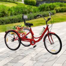YUNRUX 24 Inch 3-Wheel 7-Speed Tricycle For Adults Seniors Bicycle With Shopping Basket Bicycle For Adults Tricycle Red