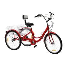 YUNRUX 24 Inch 3-Wheel 7-Speed Tricycle For Adults Seniors Bicycle With Shopping Basket Bicycle For Adults Tricycle Red