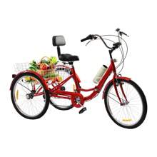 YUNRUX 24 Inch 3-Wheel 7-Speed Tricycle For Adults Seniors Bicycle With Shopping Basket Bicycle For Adults Tricycle Red